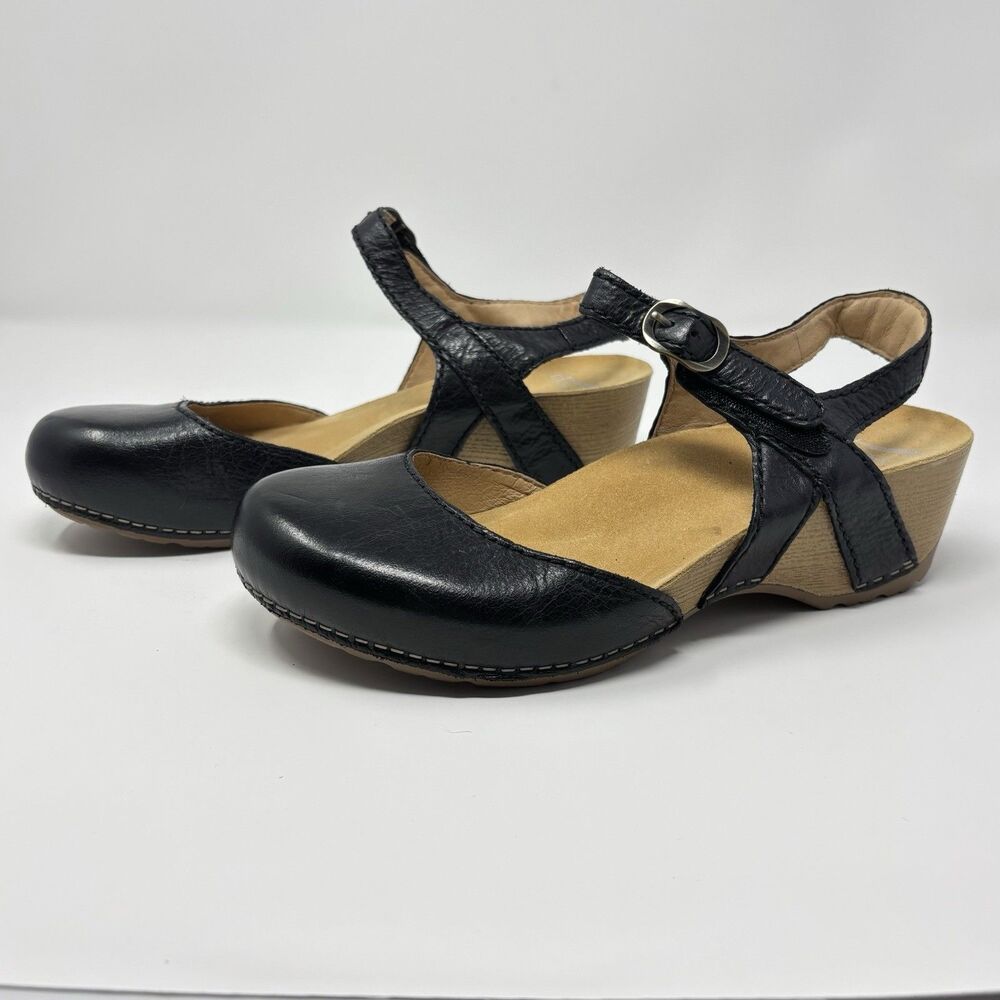 Dansko Tiffani Leather Clog Sandal Women 39 US 8.5 9 Black Wedge Mary Jane Strap - Picture 2 of 7